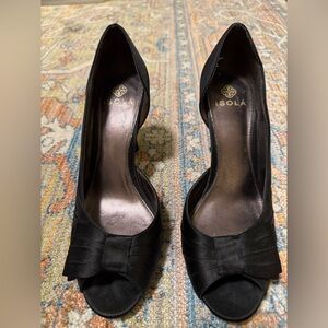 Isola Black Satin Peep-Toe Heels, 7.5 M